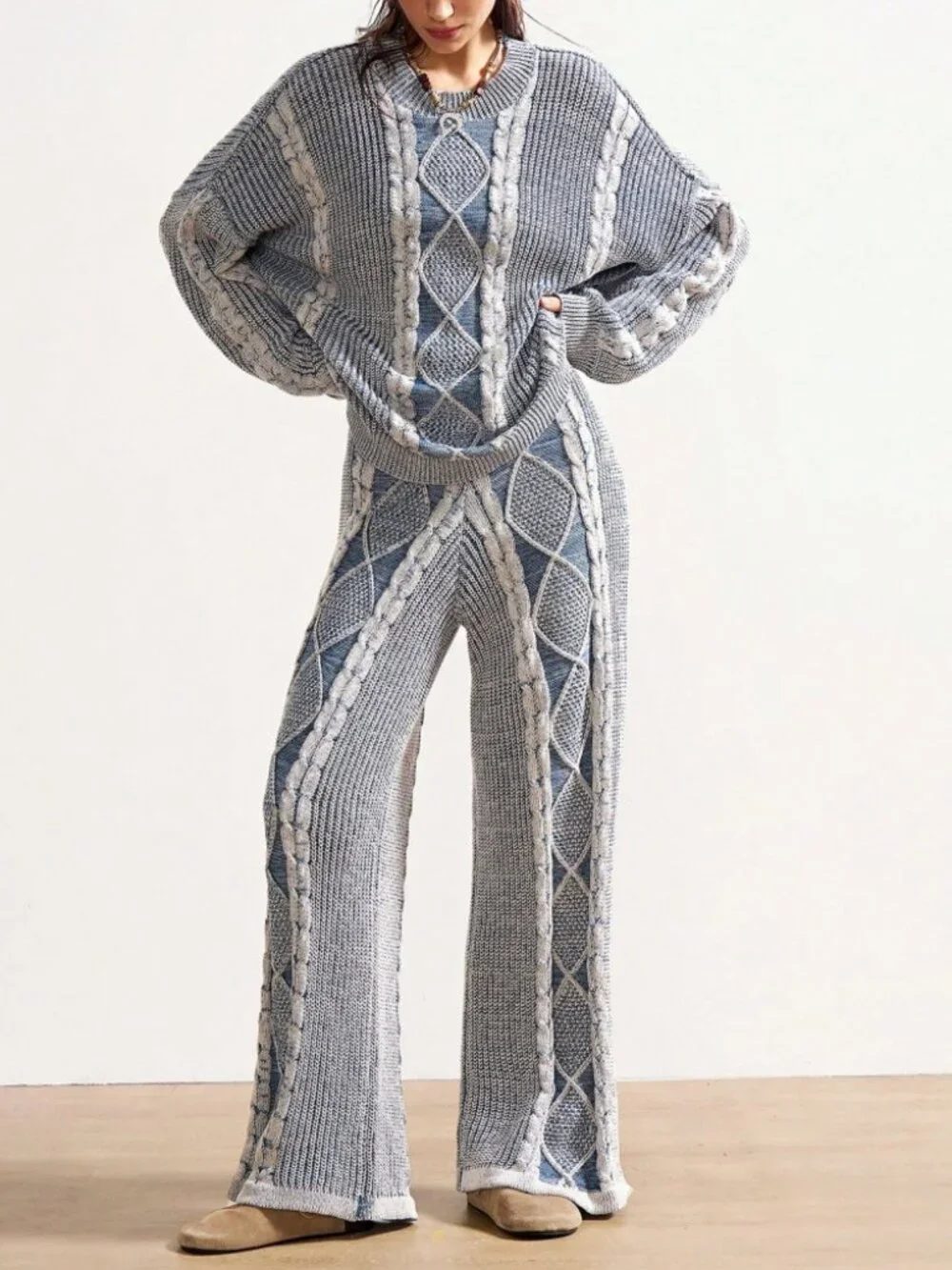 Blue & Gray Marled Cable Knit Oversized Sweater